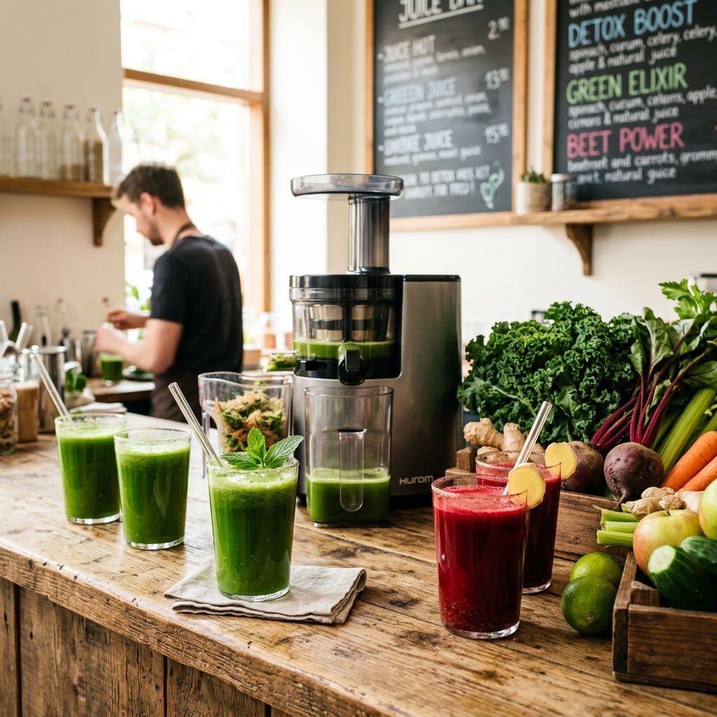 В детокс-баре шнековая соковыжималка — не опция, а обязательный элемент концепции